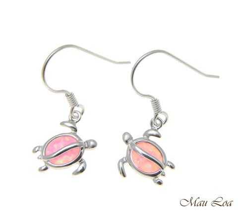 925 Sterling Silver Rhodium Hawaiian Honu Turtle Pink Opal Hook Wire Earrings