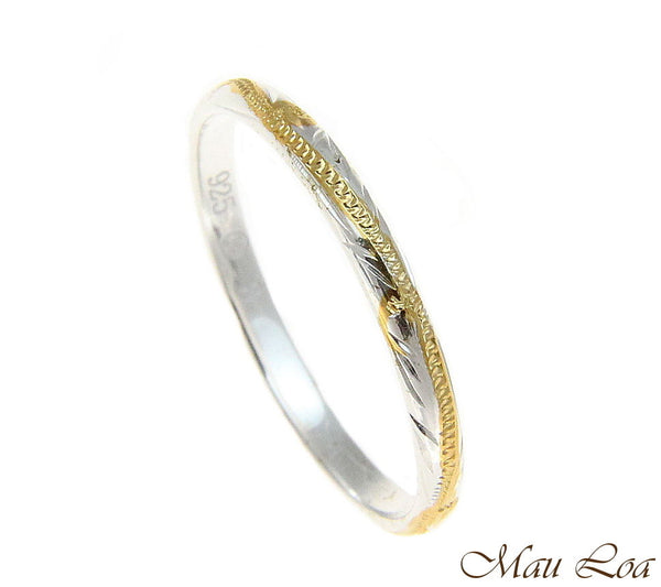 925 Silver 2 Tone Yellow Gold 2mm Hawaiian Scroll Hand Engraved Ring Band #1-9