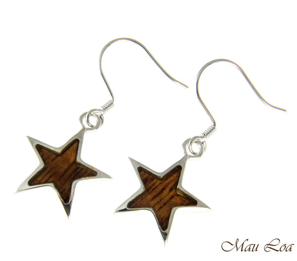 Koa Wood Hawaiian Star Rhodium Silver Plated Brass Hook Wire Earrings