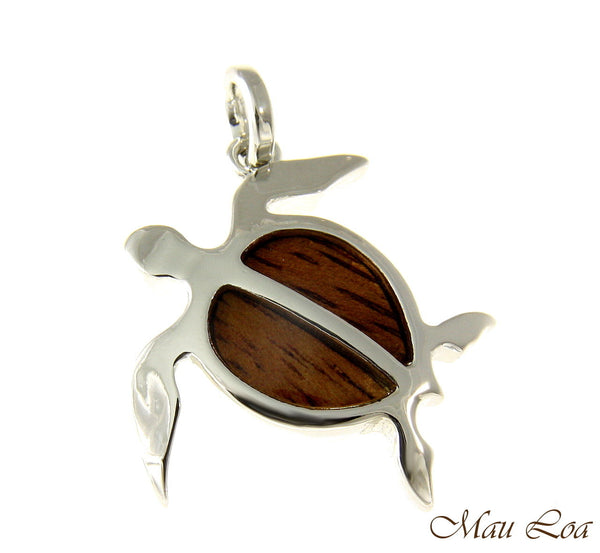 Koa Wood Hawaiian Honu Sea Turtle Rhodium Silver Plated Brass Pendant