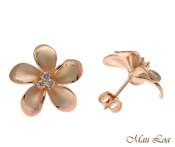 925 Silver Pink Rose Gold Hawaiian Plumeria Flower 3 CZ Stud Post Earrings