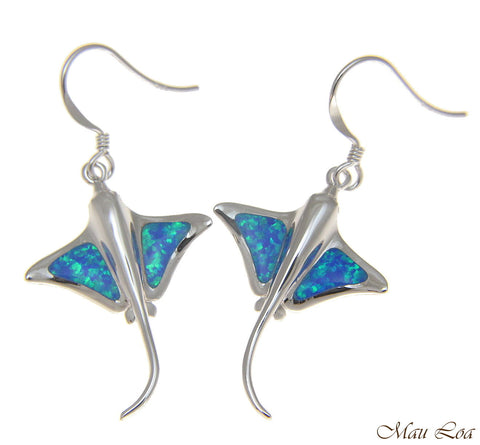 925 Sterling Silver Rhodium Hawaiian Stingray Fish Blue Opal Hook Wire Earrings