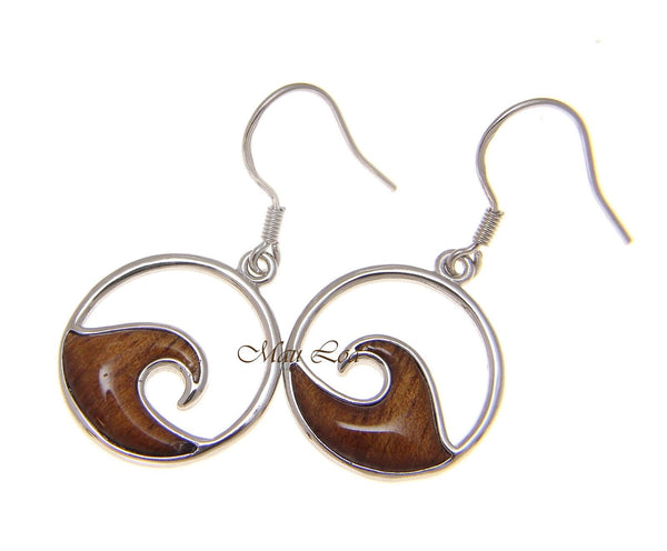 925 Sterling Silver Hawaiian Koa Wood 17.5mm Ocean Wave Hook Dangle Earrings