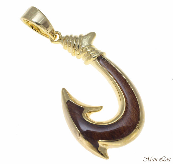 Koa Wood Hawaiian Wave Fish Hook Yellow Gold Plated Brass Reversible Pendant