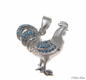 925 Sterling Silver Genuine Blue Topaz Hawaiian Rooster Cock Pendant