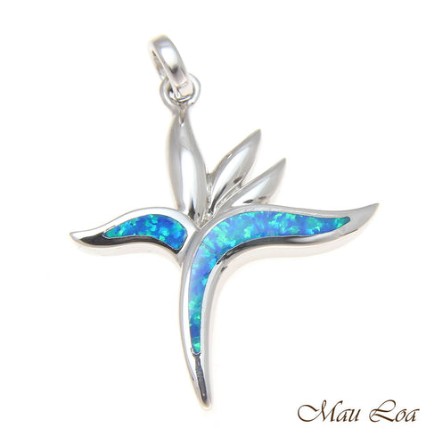 925 Sterling Silver Rhodium Hawaiian Bird of Paradise Flower Blue Opal Pendant