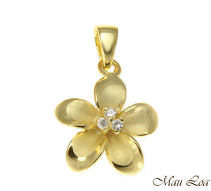 925 Sterling Silver Yellow Gold Hawaiian Plumeria Flower 3 CZ Pendant 12-30mm