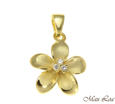 925 Sterling Silver Yellow Gold Hawaiian Plumeria Flower 3 CZ Pendant 12-30mm