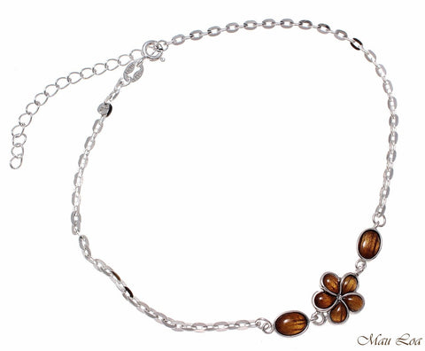 925 Sterling Silver Rhodium Hawaiian Genuine Koa Wood Plumeria Flower Anklet 9"+