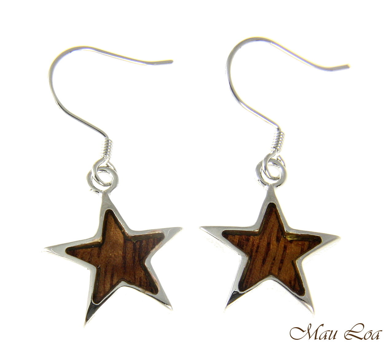 Koa Wood Hawaiian Star Rhodium Silver Plated Brass Hook Wire Earrings