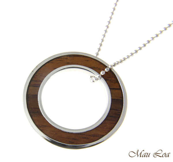 Koa Wood Hawaiian Scroll Circle Round Rhodium Silver Plated Brass 2Sided Pendant