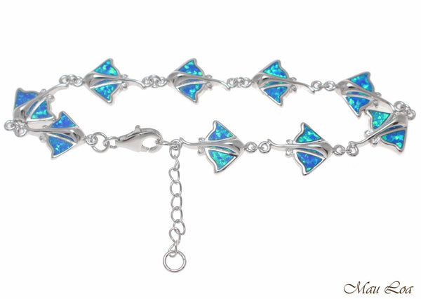 925 Sterling Silver Rhodium Hawaiian Stingray Ray Fish Blue Opal Bracelet 7"+
