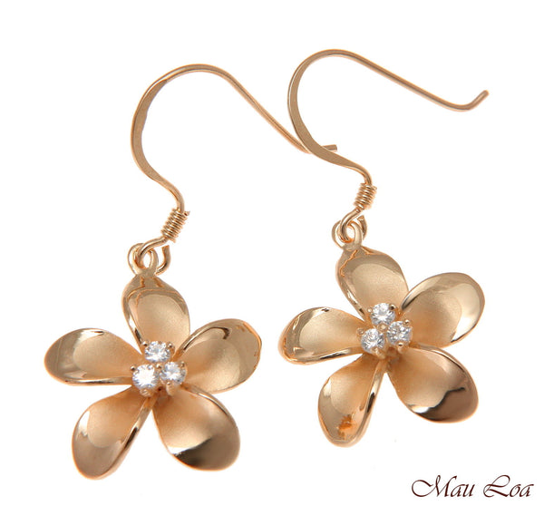 925 Silver Pink Rose Gold Hawaiian Plumeria Flower 3 CZ Wire Hook Earrings