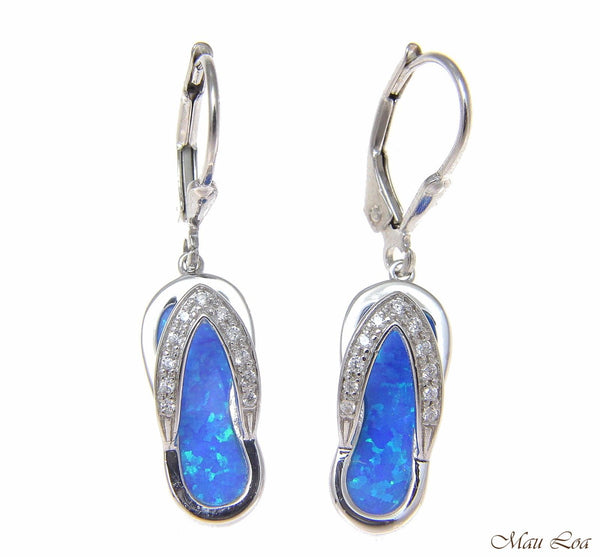 925 Sterling Silver Rhodium Hawaiian CZ Slipper Blue Opal Leverback Earrings