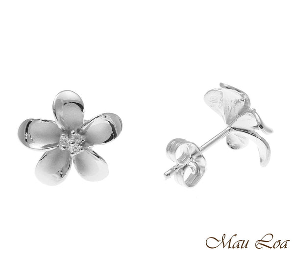 925 Sterling Silver Rhodium Hawaiian Plumeria Flower 3 CZ Stud Post Earrings