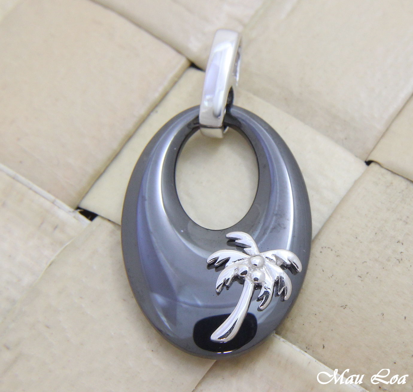 925 Silver Rhodium Hawaiian Coconut Palm Tree Black Ceramic Oval Pendant