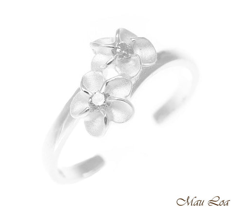 925 Sterling Silver Hawaiian Double Plumeria Flower White CZ Open Toe Ring