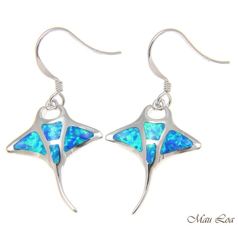 925 Sterling Silver Rhodium Hawaiian Manta Ray Fish Blue Opal Hook Wire Earrings