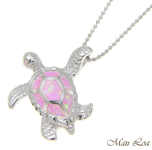 925 Sterling Silver Rhodium Hawaiian Honu Sea Turtle Pink Opal Slider Pendant