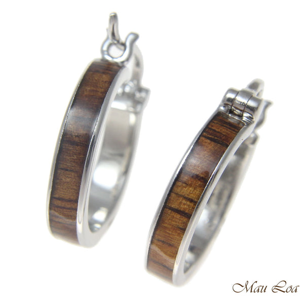 Koa Wood Hawaiian Rhodium Plated Brass 19mm Round Hoop Snap Closure Earrings
