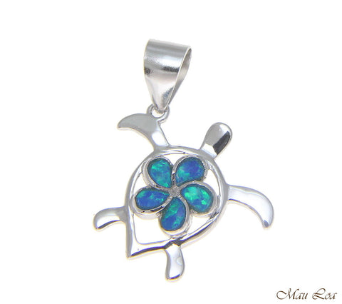 925 Silver Rhodium Hawaiian Plumeria Flower Honu Sea Turtle Blue Opal Pendant