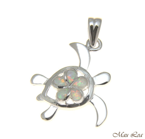 925 Silver Rhodium Hawaiian Plumeria Flower Honu Sea Turtle White Opal Pendant