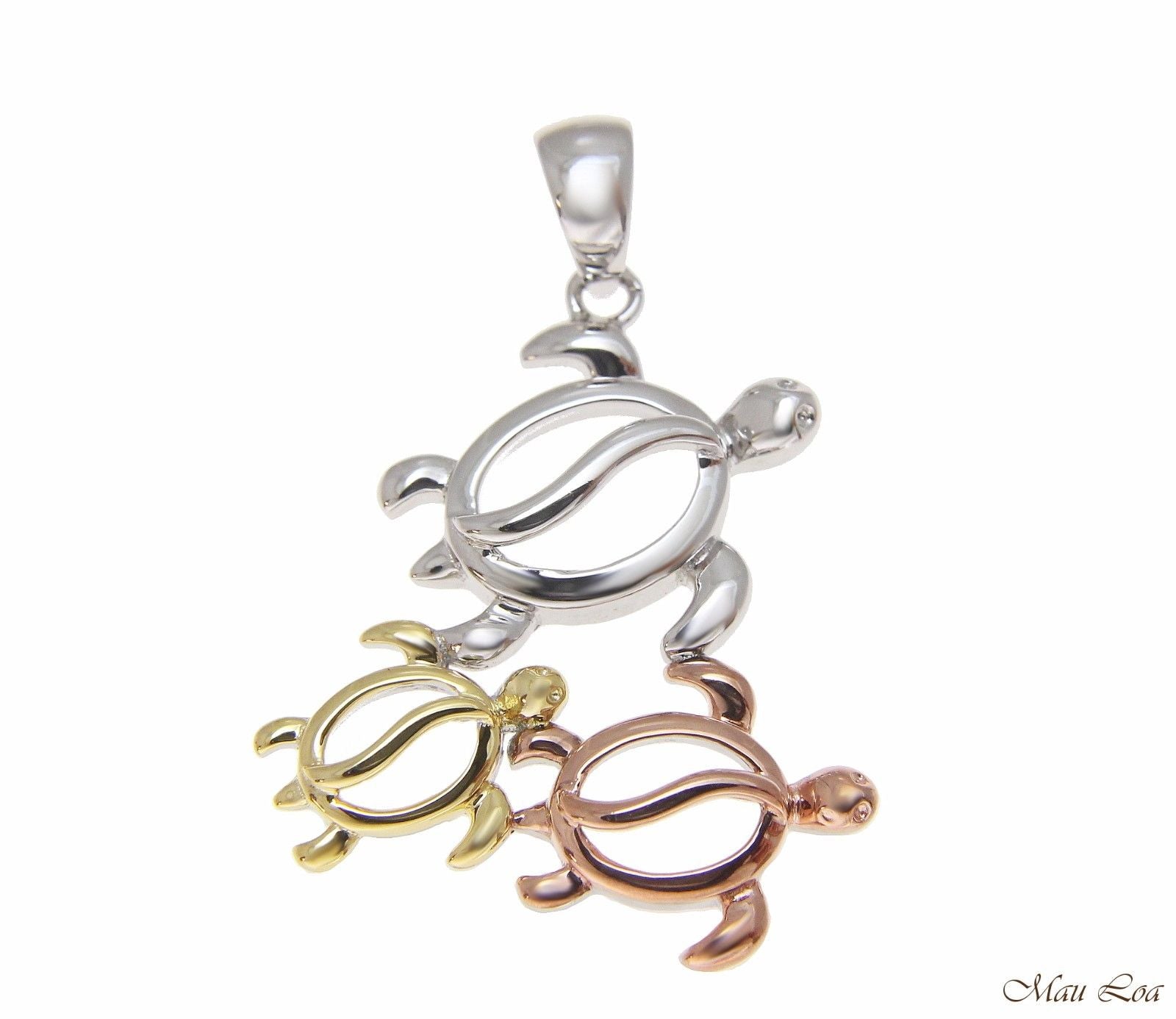 925 Sterling Silver Tricolor Hawaiian 3 Sea Turtle Honu Family Pendant Charm