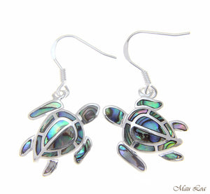 925 Sterling Silver Hawaiian Honu Sea Turtle Abalone Shell Paua Hook Earrings