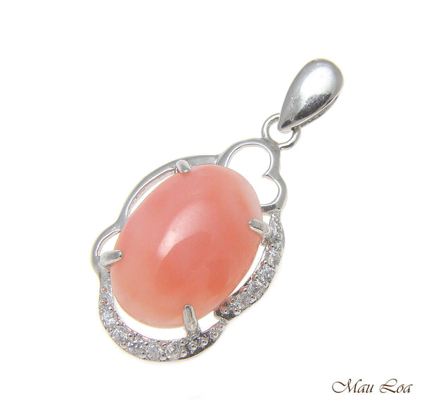 925 Sterling Silver Rhodium CZ Genuine Natural Oval 10x14mm Pink Coral Pendant