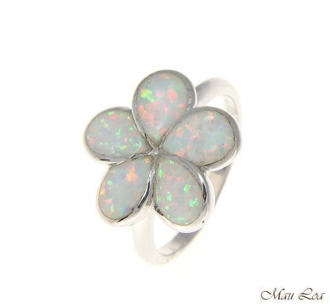 925 Sterling Silver Rhodium Hawaiian Plumeria Flower White Opal Ring Size 5-10