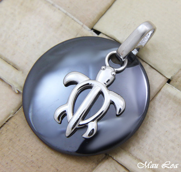 925 Silver Rhodium Hawaiian Honu Sea Turtle Black Ceramic Circle Round Pendant