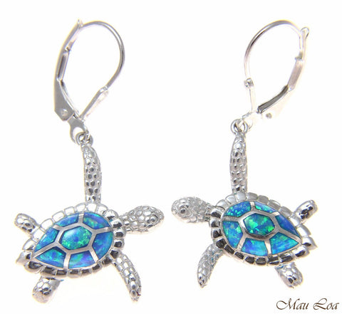 925 Sterling Silver Rhodium Hawaiian Honu Sea Turtle Opal Leverback Earrings