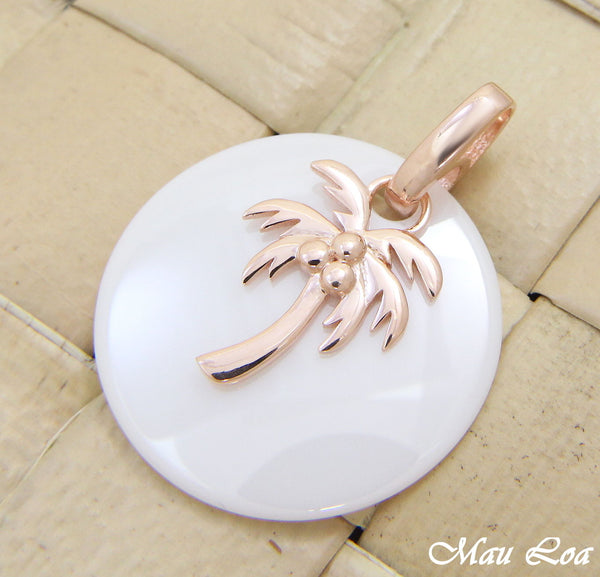 925 Silver Pink Rose Gold Hawaiian Palm Tree White Ceramic Circle Round Pendant
