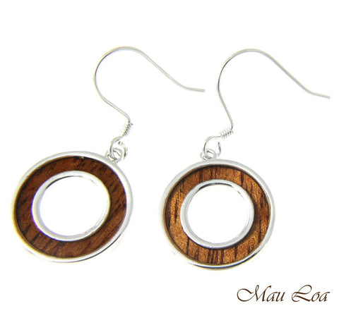 Koa Wood Hawaiian Scroll Circle Round Rhodium Silver Plated Brass Hook Earrings