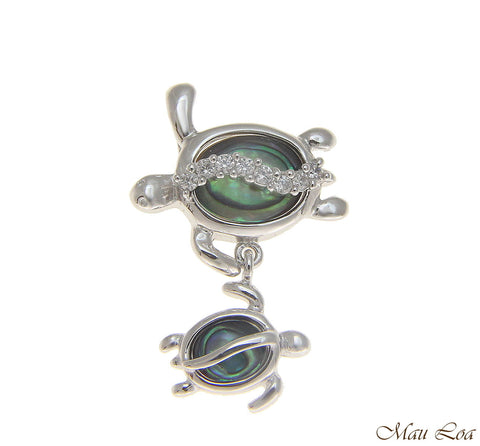 925 Sterling Silver Hawaiian Honu Sea Turtle CZ Abalone Paua Shell Pendant