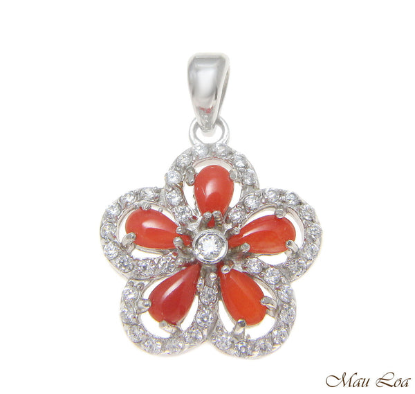 925 Silver Rhodium CZ Plumeria Flower Genuine Tear Drop Pink Coral Pendant