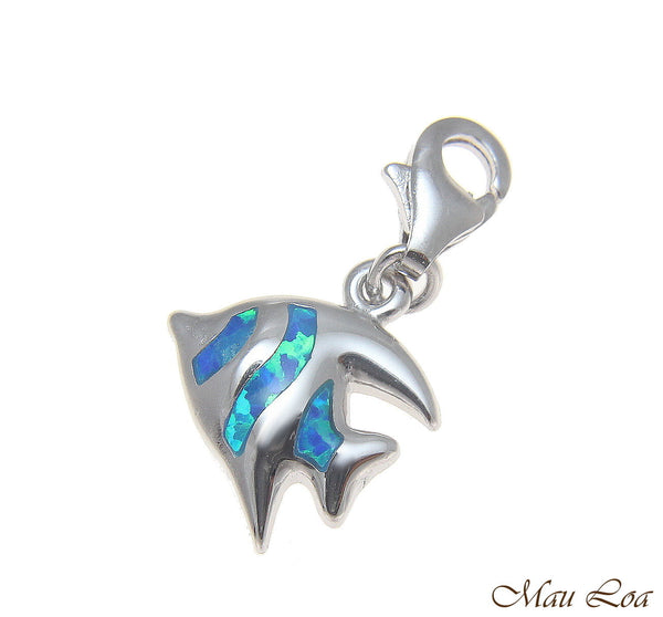 925 Silver Rhodium Hawaiian Tropical Fish Blue Opal Clasp Enhancer Pendant Charm
