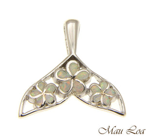 925 Silver Rhodium Hawaiian White Opal Plumeria Flower Whale Tail Slider Pendant