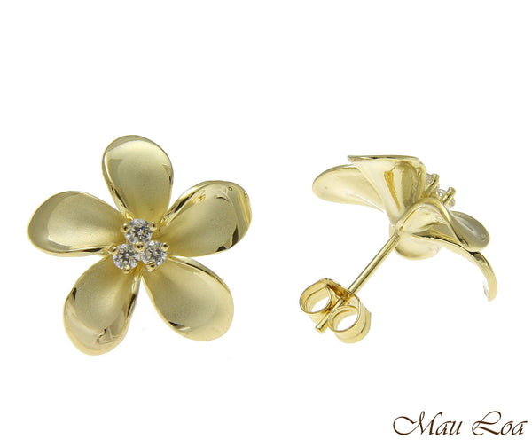 925 Sterling Silver Yellow Gold Hawaiian Plumeria Flower 3 CZ Stud Post Earrings