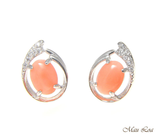 925 Sterling Silver Rhodium CZ Genuine Natural 5x7mm Oval Pink Coral Earrings