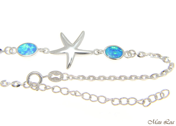 925 Silver Rhodium Hawaiian Starfish Sea Star Opal Link Chain Bracelet 7"+