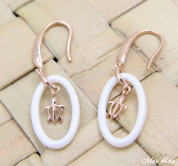 925 Silver Pink Rose Gold Hawaiian Honu Turtle White Ceramic Oval Hook Earrings