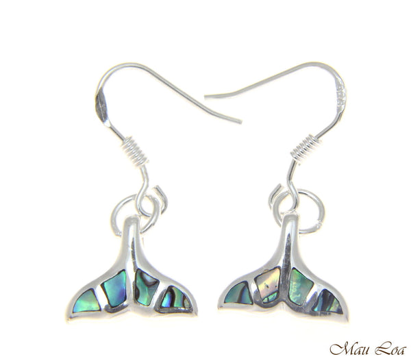 925 Sterling Silver Hawaiian Whale Tail Abalone Shell Paua Wire Hook Earrings