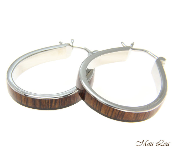 Koa Wood Hawaiian Rhodium Plated Brass 25x33mm Oval Hoop Snap Closure Earring