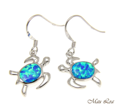 925 Sterling Silver Rhodium Hawaiian Honu Sea Turtle Opal Hook Wire Earrings