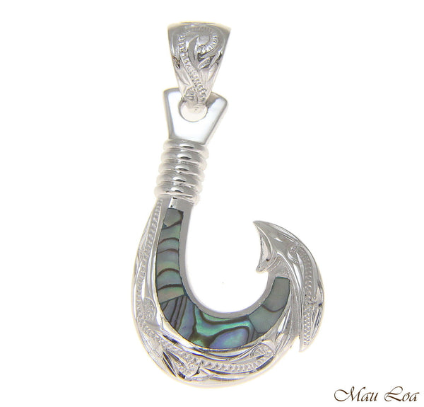 925 Sterling Silver Hawaiian Fish Hook Abalone Paua Shell Pendant S M L
