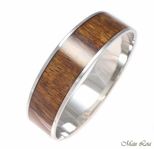 18mm Hawaiian Koa Wood Rhodium Plated on Brass Bangle Bracelet Size 7 - 9