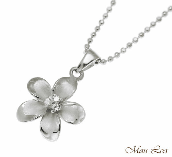 925 Sterling Silver Hawaiian Plumeria Flower 3 CZ Rhodium Pendant Charm 12-30mm