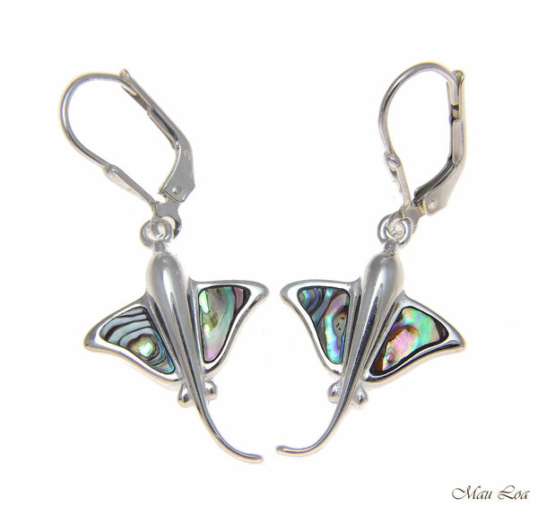 925 Sterling Silver Hawaiian Stingray Fish Abalone Shell Paua Leverback Earrings