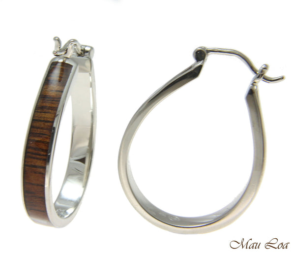 Koa Wood Hawaiian Rhodium Plated Brass 25x33mm Oval Hoop Snap Closure Earrings